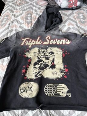 Triple Sevens Graphic Football Hoodie - Black, Cream & Red